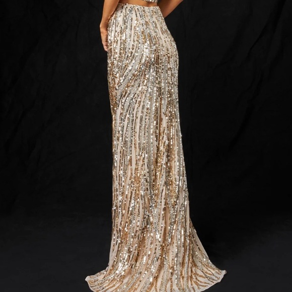 Sherri Hill Striped Sequin Beaded Formal Gold Prom Slit Maxi Skirt 51737 Size 0 - Picture 11 of 11